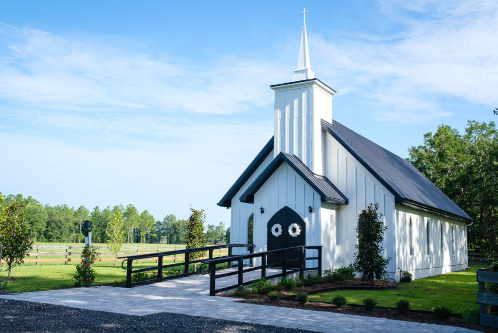 exterior of white wedding chapel