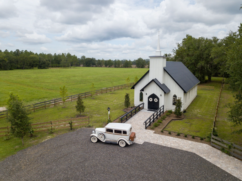 aerial view of wedding chapel