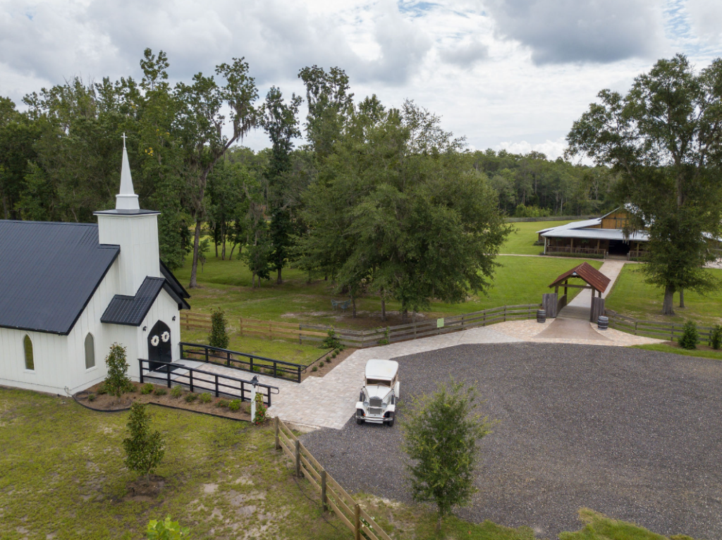 aerial view of wedding chapel and barn venue