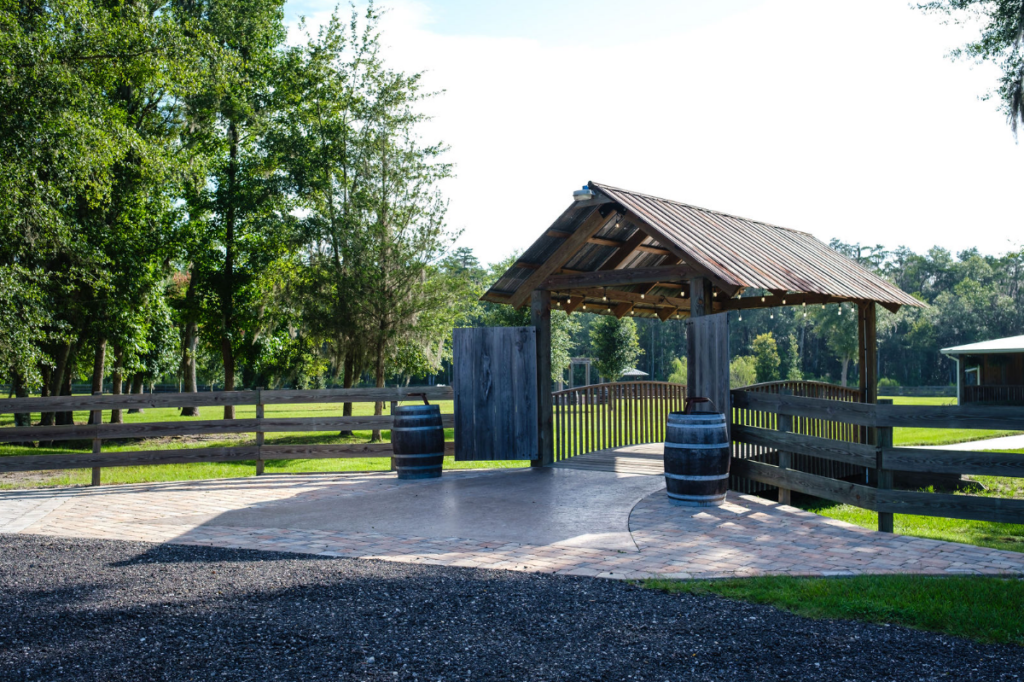 wooden bridge entryway to wedding venue
